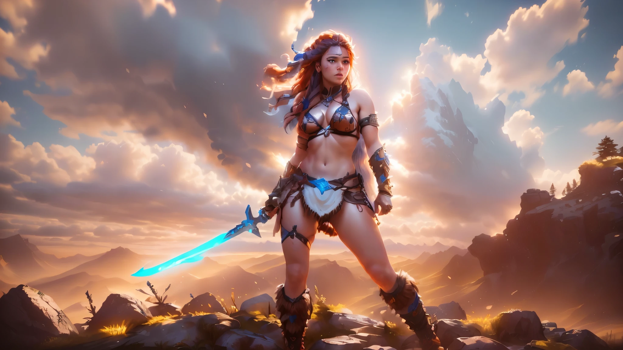 puffy woman in bikini and sword standing in a rocky area, barbarian warrior woman, very beautiful barbarian woman, barbarian woman, warrior woman, warrior woman, Warrior Girl, warrior outfit, beautiful warrior woman, Aloy, retrato de uma barbarian woman, warrior princess, retrato de uma barbarian woman, fantasy style 8k octane rendering, Aloy from horizon: zero dawn