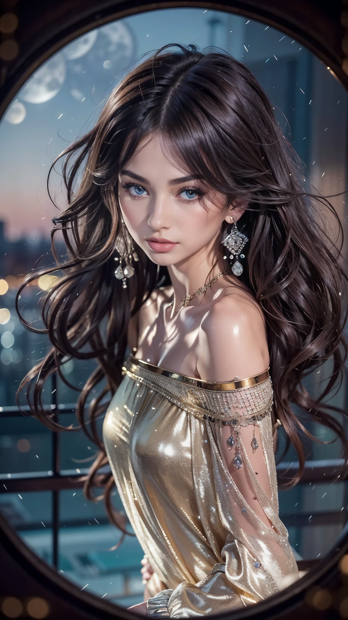 (32k:1.5, Highest quality, masterpiece, Ultra-high resolution), Professional camera work:1.6, Very detailedな肌と顔の質感:1.3, Captivating portrait, Very accurate, Very detailed, 1 adult female, ((Amazing night view from the rooftop:1.4, The moonlight at night illuminates my body)), (Satin Nightgown:0.7), Incredibly slim body, Fair skin, elegant, Expressions of sadness, (Big eyes that exude beautiful eroticism:0.8, A dreamy look:1.0, I love you with all my heart:0.8, Open your mouth a little, lipstick, Feel the beautiful eroticism:0.9), (Wet dark brown medium length hair), Sensual sitting position, Candles, The chest is medium, Earrings, necklace, bracelet, (romantic, mysterious), Object of admiration, dramatic, Artistic, Innovative, attractive, sense of openness, sense of cleanliness, Special, Heartful, Fancy, exciting, Extreme, Tilt, ((Adult charm, Feminine charm, Hair blowing in the wind))