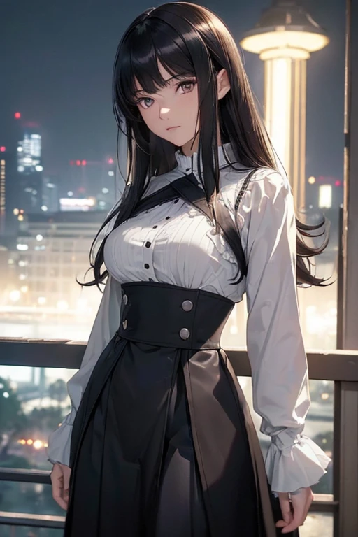 ((Top Quality), ((Masterpiece)), Cinematic lighting, Detailed outfit, Dark-haired anime girl, One girl, Solo, 24 years old, Looking sadly at the viewer, Long hair, Dark hair, Asymmetrical bangs, White, Gray eyes, Shapely breasts, Gray eyes, Long dark hair, Park at night