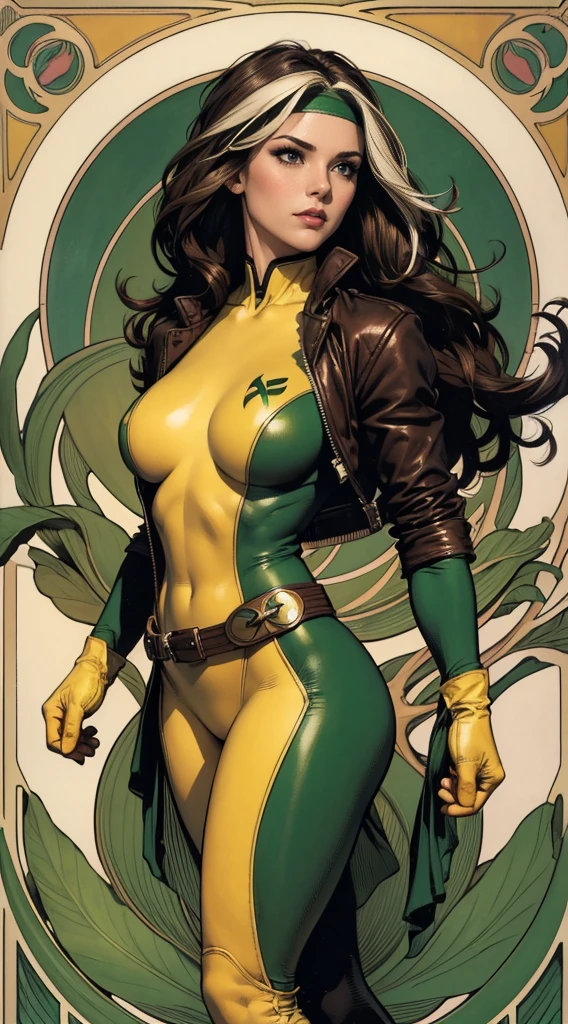 (masterpiece:1.0), (best_quality:1.2), Classic Rogue, 1991 Rogue X-Men, 1 girl, Only 1, full body view, medium length hair, brown hair, wavy hair, messy hair, one lock of white hair, green eyes, mischievous look, smirking, fit figure, curvy figure, medium breasts, lipstick, makeup, jacket, green headband, belt, yellow gloves, skin tight bodysuit, open jacket, light source from above, (realism: 1.5), (Realistic: 1.4), (Absurdity:1.4), 8k, ultra-detailed, Detailed Beautiful Woman, (Art Nouveau style), influence by John William Waterhouse and Alphons Mucha, circles, banners, background colors: green, gold, yellow, white, beige