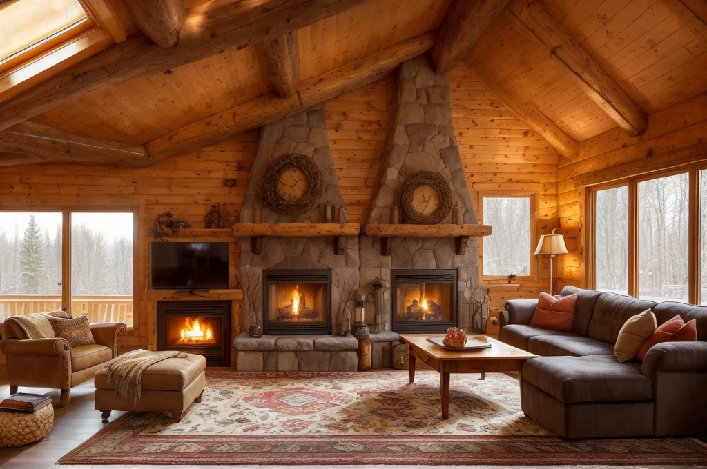 arafed living room with a fireplace and couches and a rug, cozy living room interior, warm interior, cozy living room background, warm beautiful scene, cozy home background, warm living room, cozy environment, cosy atmoshpere, warm fireplace, cozy living room, cozy place, cozy setting, photo of a beautiful, dramatic warm morning light, luxurious wooden cottage