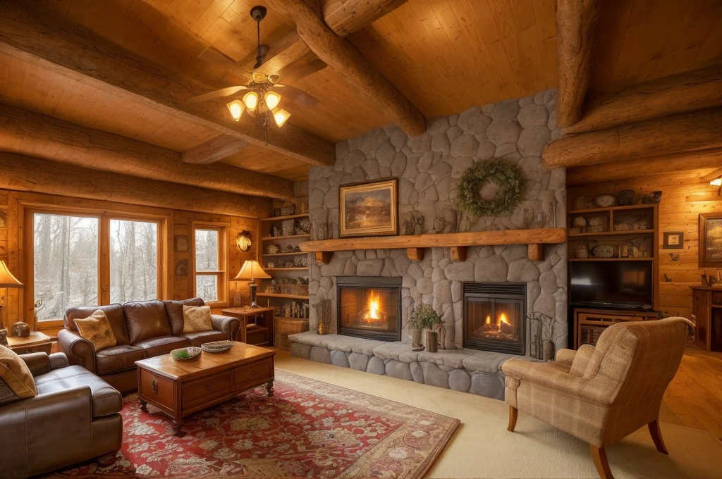 arafed living room with a fireplace and couches and a rug, cozy living room interior, warm interior, cozy living room background, warm beautiful scene, cozy home background, warm living room, cozy environment, cosy atmoshpere, warm fireplace, cozy living room, cozy place, cozy setting, photo of a beautiful, dramatic warm morning light, luxurious wooden cottage