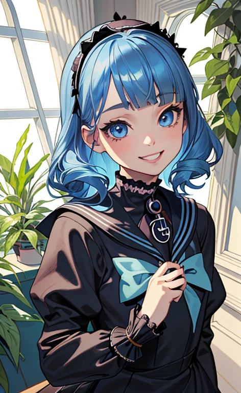 (masterpiece:1.5、Photorealistic:1.4,High Saturation:1.4、high resolution:1.4)、,(spot light:1.2、Exquisite beautiful eye:1.5,)、()、
(kind eyes、tareme:1.4),()、(Cute Face)、(blue hair:1.5)、(middle hair:1.5),(sidelock :1.6),(blunt bangs:1.3),(1 girl)、(blue eyes:1.2)、(upper body:1.5)、(smile:1.5),()、()、() ,(),(small breasts),(),(gothic lolita sailor uniform:1.5),(A room full of plants:1.5)、()、()、Slim Body(),Shiny Hair、girl、