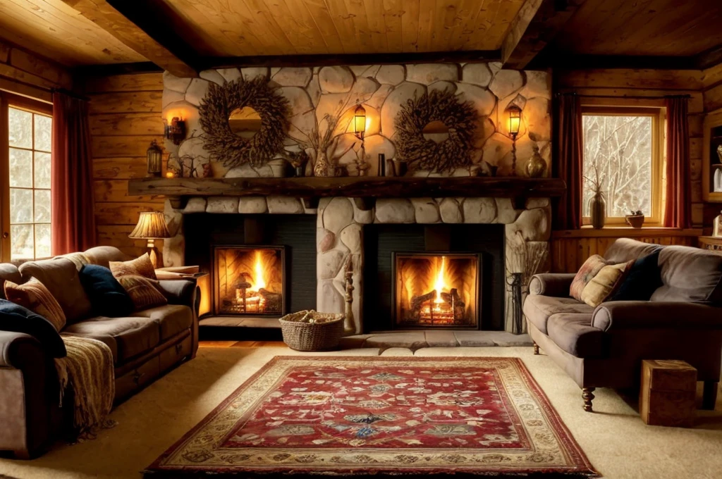 arafed living room with a fireplace and couches and a rug, cozy living room interior, warm interior, cozy living room background, warm beautiful scene, cozy home background, warm living room, cozy environment, cosy atmoshpere, warm fireplace, cozy living room, cozy place, cozy setting, photo of a beautiful, dramatic warm morning light, luxurious wooden cottage