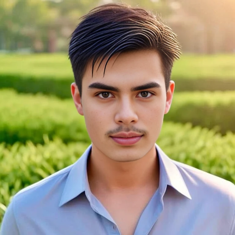 An Araf man stands on the beach with the sunset in the background., portait photo Profile pictureture, Profile picture, Wide facial cleanser, cute young man, headshot Profile pictureture, handsome man, Handsome and charming, Very charming and beautiful, Close-up of a Southeast Asian man with a round face., black eyes, staring at the viewer, morning sun, ((face details)), Double eyelids, realistic, Masterpiece, Highest quality, lens flare, shade, [[Chromatic aberration, digital painting, 8K, 45,000,000,000 pixels,, t-shirt, short hair, black eyes,abdominal muscles, The body is beautiful and strong., Curvy chest, (digital painting, HDR, high contrast