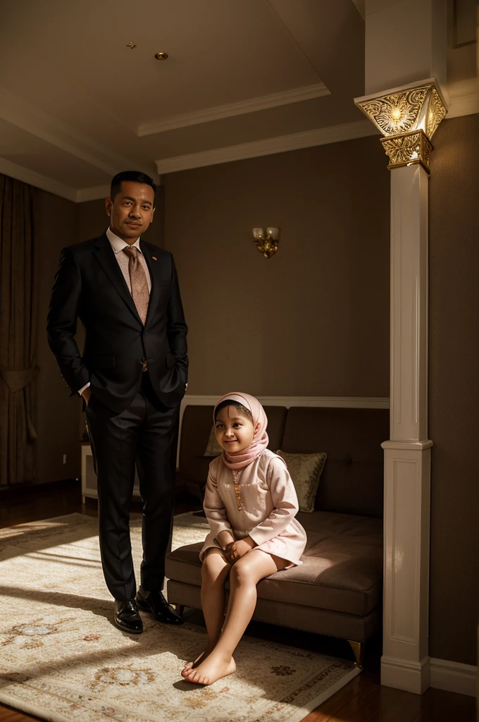 Create img A 40 year old Indonesian man, the hijab-wearing wife wears a slightly chubby dress, 2 year old girl wearing ribbon.. Formal suit, formal shoes. sitting in a luxurious room. Vary the colors freely. decorative lights. Softlight. smile. Familiar pose. Full body shot