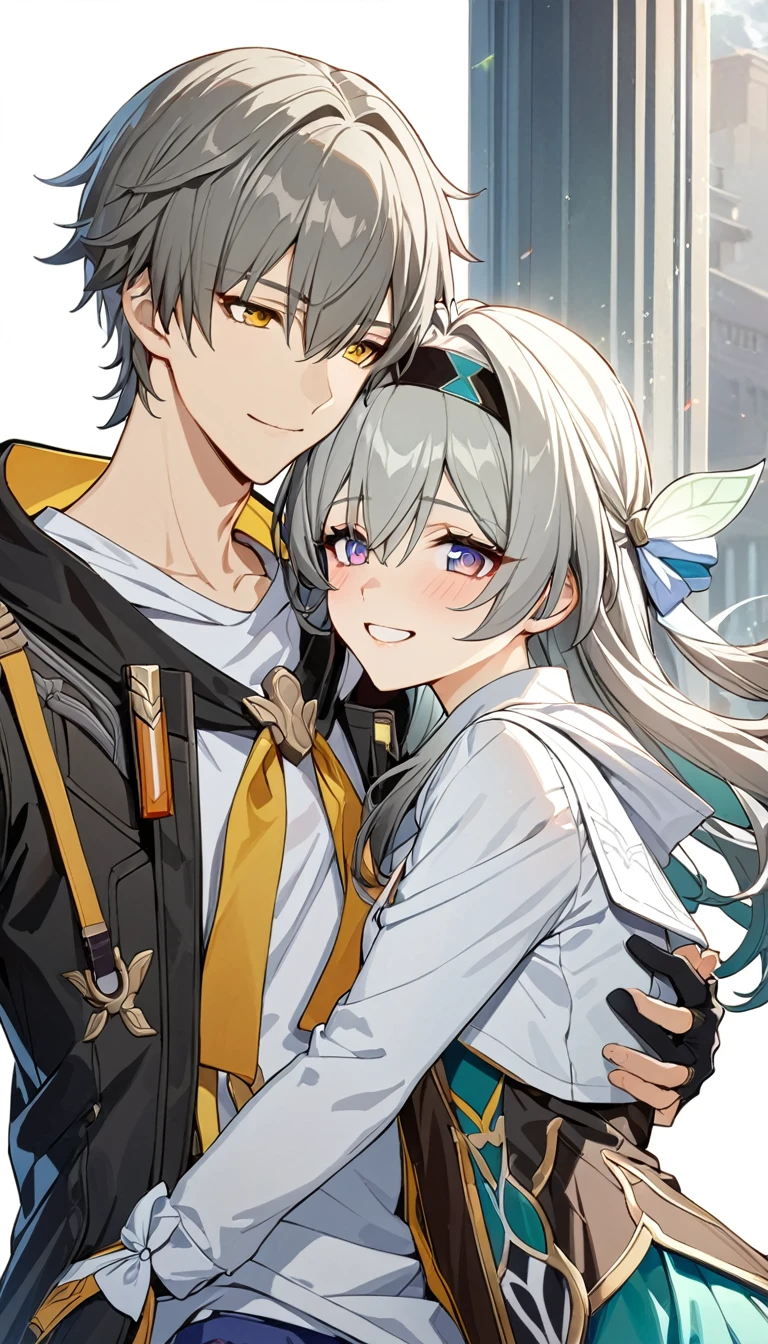 (masterpiece, top quality, best quality, official art, beautiful and aesthetic:1.2),(8k, best quality, masterpiece:1.2), (((masterpiece))),(((best quality))),(((extremely detailed))),illustration, who, (masterpiece, top quality, best quality, official art, beautiful and aesthetic:1.2),(8k, best quality, masterpiece:1.2), masterpiece, best quality, illustration, highres, ultra-detailed, caelus \(honkai: star rail\),commentary request,firefly \(honkai: star rail\), 1girl, 1boy, grey hair, smile, hairband, long hair, jacket, black jacket, black hairband, long sleeves, white shirt, hood, grin, short hair, shirt, hug, closed eyes, hair intakes, skirt, bow, hair bow, blue skirt, hood down, hooded jacket, aqua skirt, black gloves, sidelocks, teeth, white bow, orange neckerchief, purple eyes, blush, white background, cropped jacket, cowboy shot, hair between eyes, simple background, looking at another