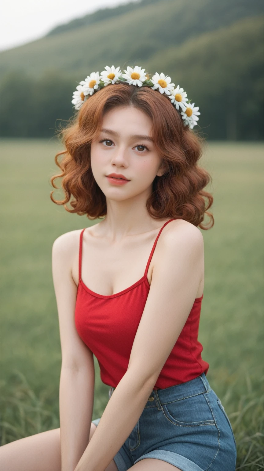 score_9, score_8_up, score_7_up, BREAK,
realistic,score_9, score_8_up, score_7_up, BREAK,
In a raw, photographic style, a girl with long, ginger, curly hair and brown eyes sits alone in a daisy field. She is adorned with a daisy wreath on her head, adding a whimsical touch to her elegant presence. She wears blue shorts and a red shirt, her attire blending seamlessly with the natural surroundings. The image captures the actual shadows and textures of the scene, creating a realistic yet aesthetically pleasing composition. The girl's pose and expression convey a sense of tranquility and beauty, making the scene both ridiculous in its simplicity and deeply aesthetic in its elegance.
