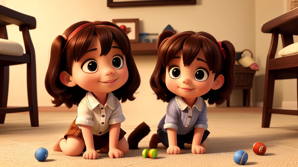 A little girl is playing with a puppy