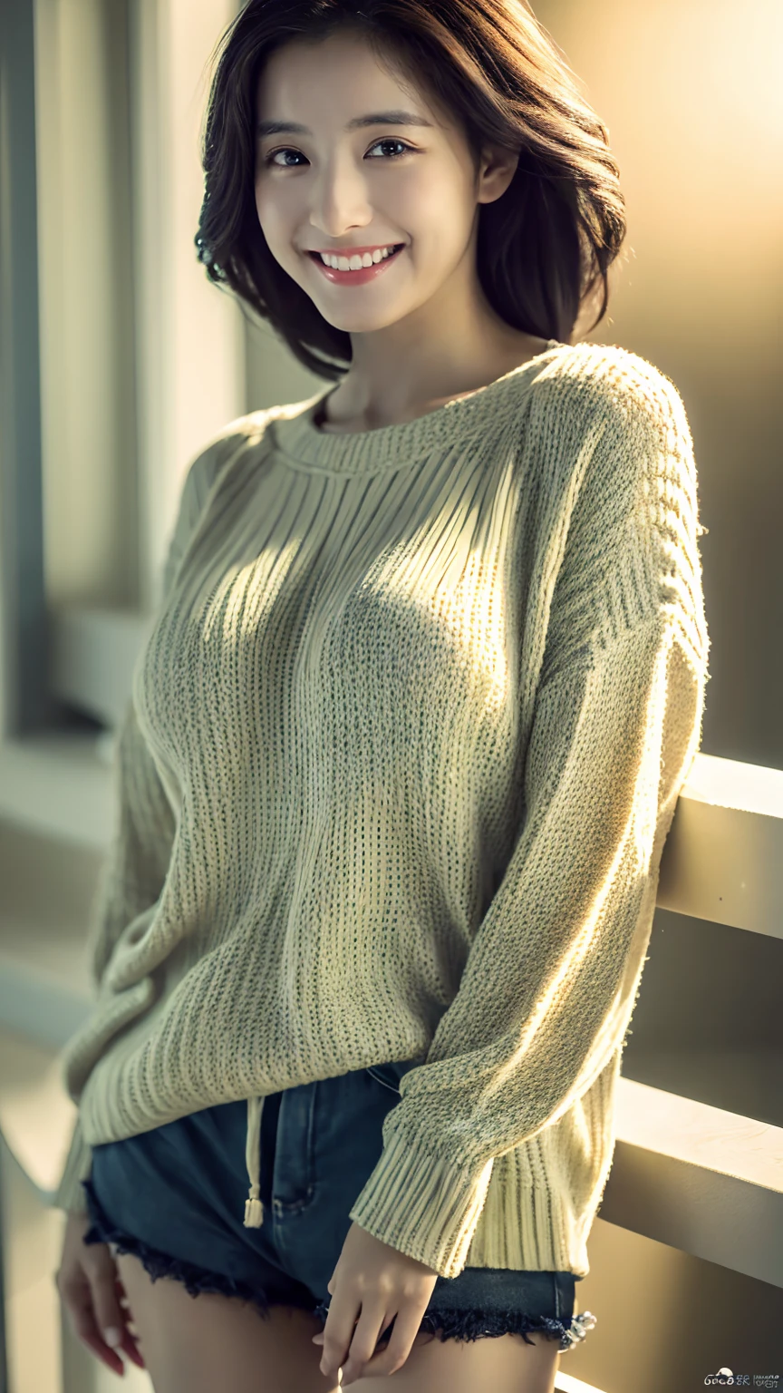 masterpiece,best quality,ultra detailed,highres,high-resolution,4K,realistic,RAW photo,((real person)),portrait photography,photorealistic,detailed skin,(delicate black eyes ), A soothing woman with sagging eyes,Calm and calm, middle hair,skinny,clothing,The wind is blowing,tareme、(huge breasts)、A beautiful woman wearing a summer sweater and shorts, exuding a refreshing charm、An innocent smile、Cinematic Lighting、Professional Lighting