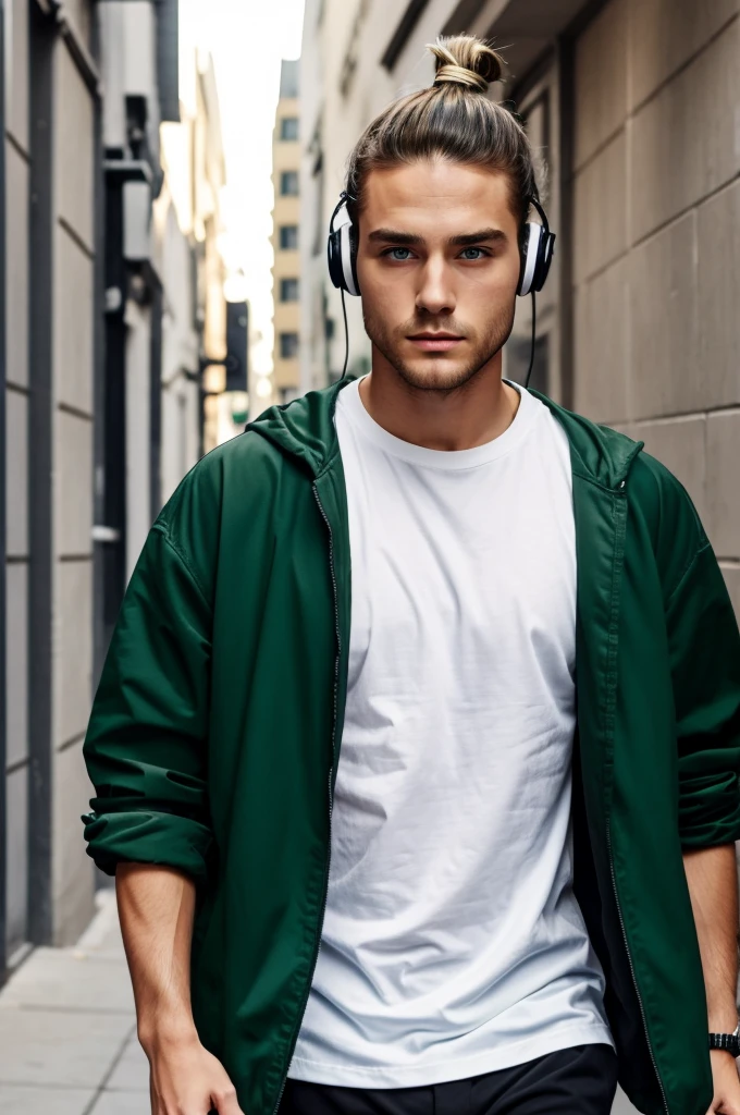Cartoon Boy with a man bun green eyes a white t shirt and a black short jacket with no arms headphones sleepy