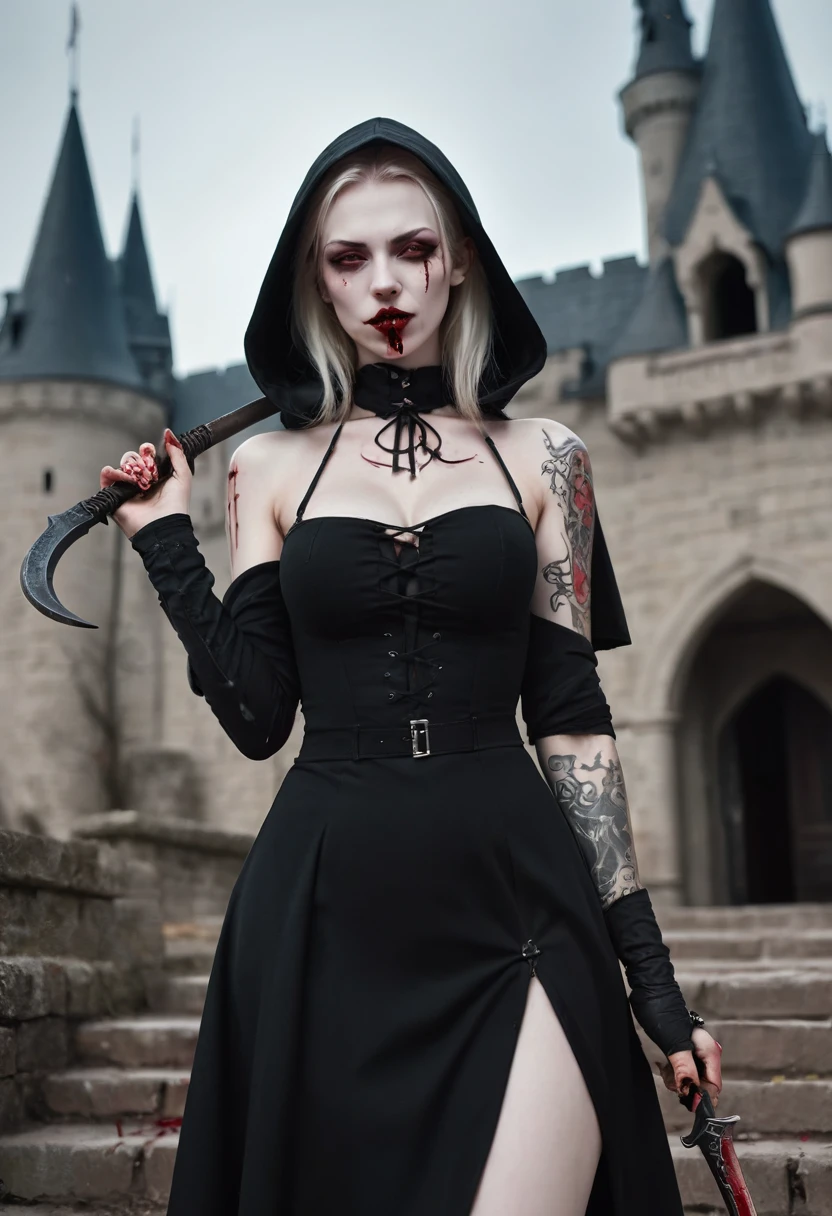 Bela is a vampire girl has blond hair, yellow eyes, very pale, blood around her mouth, she has a sadistic smile, she wears a long black dress with hood and a cape. Behind his back and a flower tattoo on his forehead with the sign of the House Dimitrescu. She holds a sickle in her hand. It is inside a beautiful castle [Woman] [Beautiful] [Vampire] [Black dress] [Blood around her mouth] [Very pale skin] [Inside a beautiful castle] [she has tattoos on her forehead] [Tattoo on forehead] [She holds a sickle in her hand]