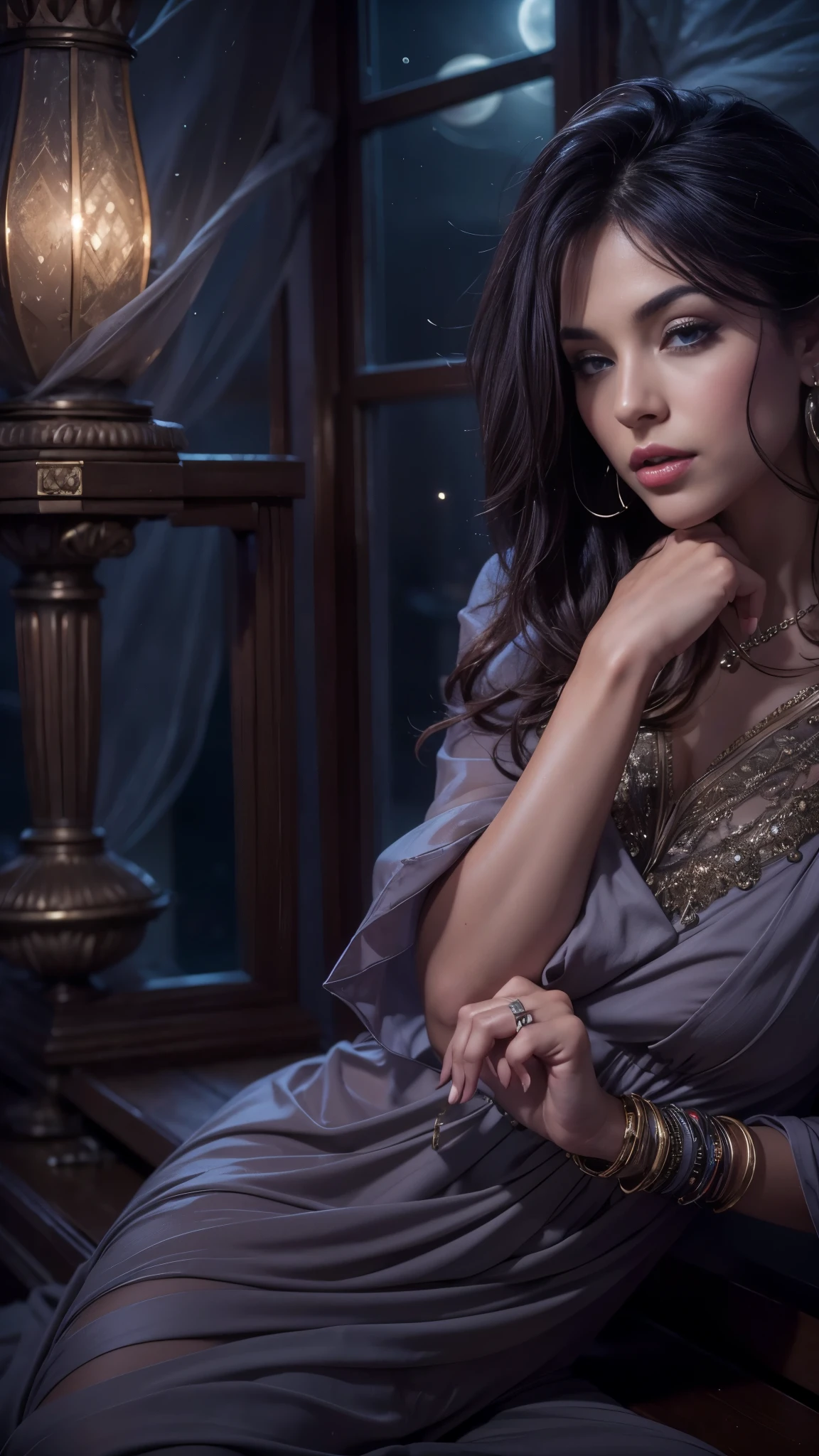 (32k:1.5, Highest quality, masterpiece, Ultra-high resolution), Professional camera work:1.6, Very detailedな肌と顔の質感:1.3, Captivating portrait:1.2, Very accurate, Very detailed, 1 adult female, ((Amazing night view from the rooftop:1.4, The moonlight at night illuminates my body)), (Satin Nightgown:0.7), Incredibly slim body, Fair skin, elegant, Expressions of sadness, (Big eyes that exude beautiful eroticism:0.8, A dreamy look:1.0, I love you with all my heart:0.8, Open your mouth a little, lipstick, Feel the beautiful eroticism:0.9), (Wet dark brown medium length hair), Sensual sitting position, Candles, The chest is medium, Earrings, necklace, bracelet, (romantic, mysterious), Object of admiration, dramatic, Artistic, Innovative, attractive, sense of openness, sense of cleanliness, Special, Sadness, Heartful, Fancy, exciting, Extreme, Tilt, ((Adult charm, Feminine charm, Hair blowing in the wind))