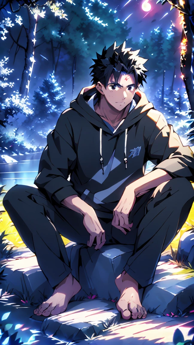 ((Highest quality)), ((masterpiece)), (detailed), Highest quality、High resolution、８K、A plain black hoodie、One adult male、33 years old、Sharp black eyes、Slightly permed black hair、Japanese anime-like style、超High resolutionかわいい萌えアニメ8k、handsome face manly、Slender and muscular、barefoot、sitting on a stone、Spread your legs、night、Forest landscape、lake、darkness、Surrounded by lots of fireflieoonlight