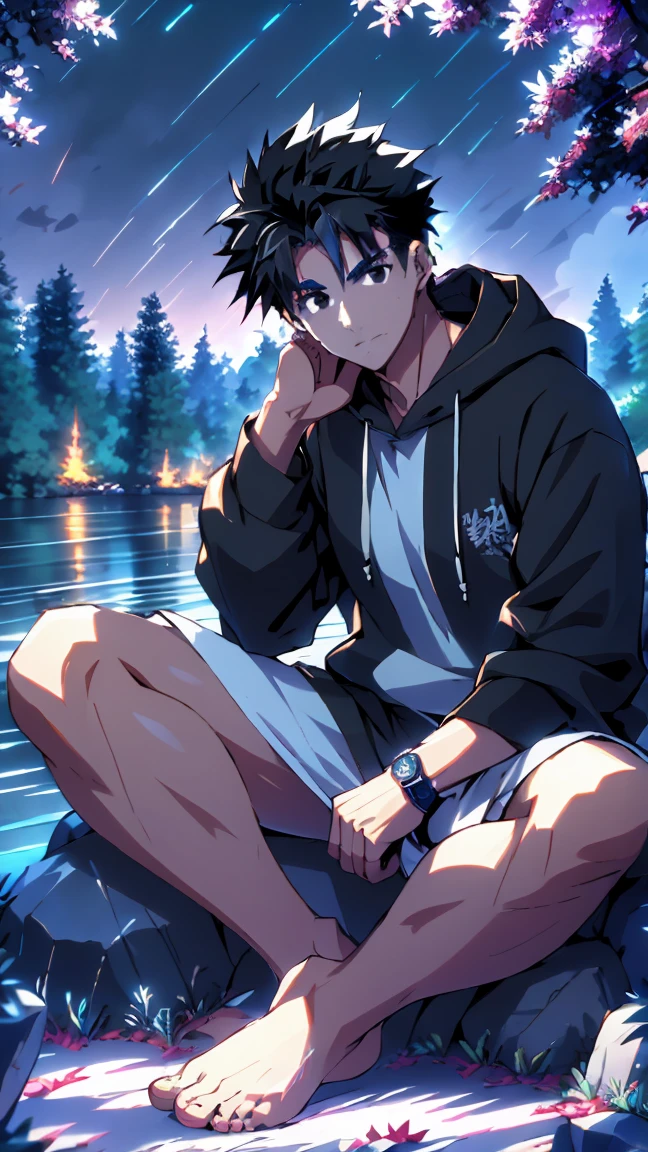 ((Highest quality)), ((masterpiece)), (detailed), Highest quality、High resolution、８K、A plain black hoodie、One adult male、33 years old、Sharp black eyes、Slightly permed black hair、Japanese anime-like style、超High resolutionかわいい萌えアニメ8k、handsome face manly、Slender and muscular、barefoot、sitting on a stone、Spread your legs、night、Forest landscape、lake、darkness、Surrounded by lots of fireflieoonlight