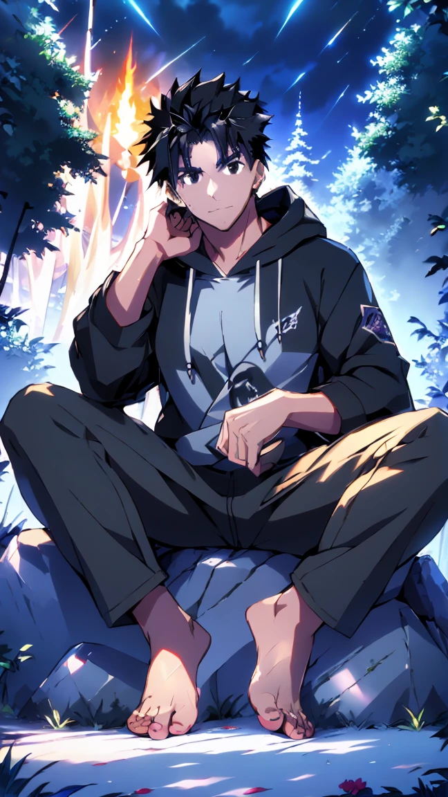 ((Highest quality)), ((masterpiece)), (detailed), Highest quality、High resolution、８K、A plain black hoodie、One adult male、33 years old、Sharp black eyes、Slightly permed black hair、Japanese anime-like style、超High resolutionかわいい萌えアニメ8k、handsome face manly、Slender and muscular、barefoot、sitting on a stone、Spread your legs、night、Forest landscape、lake、darkness、Surrounded by lots of fireflieoonlight