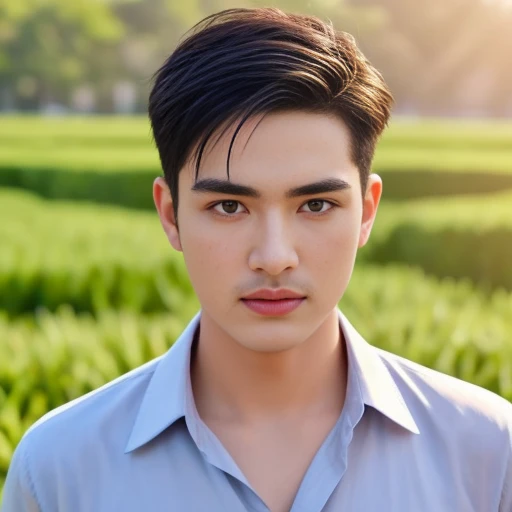 An Araf man stands on the beach with the sunset in the background., portait photo Profile pictureture, Profile picture, Wide facial cleanser,  cute young man, headshot Profile pictureture, handsome man, Handsome and charming, Very charming and beautiful, Close-up of a Southeast Asian man with a round face., black eyes, staring at the viewer, morning sun, ((face details)), Double eyelids, realistic, Masterpiece, Highest quality, lens flare, shade, [[Chromatic aberration, digital painting, 8K, 45,000,000,000 pixels,, t-shirt, short hair, black eyes,abdominal muscles, The body is beautiful and strong., Curvy chest, (digital painting, HDR, high contrast