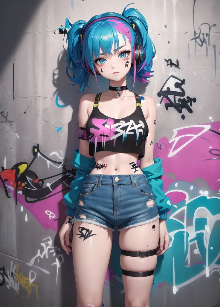 masterpiece, best quality, 1girl, solo, crop top, denim shorts, choker, (graffiti:1.5), paint splatter, arms behind back, against wall, looking at viewer, armband, thigh strap, paint on body, head tilt, bored, multicolored hair, aqua eyes, headset,