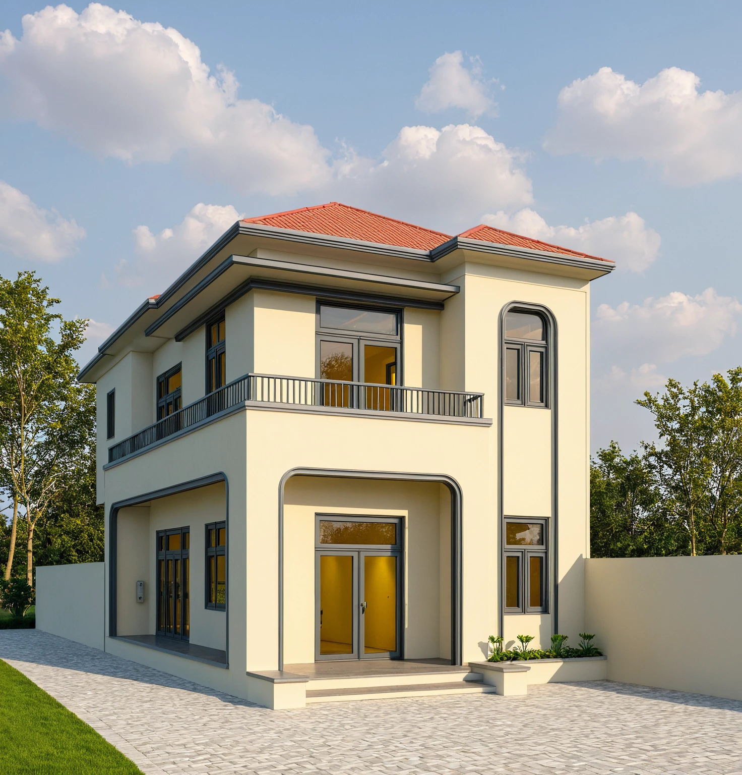 Photo brute, Boss of'ouvrages d'art, High quality, best quality, authentique, Great detail, En plein air, plain-piedVilla XL, credit group, style de maison moderne dans la rue ,stairs, white wall ,road,pavement, grass, trees, sky, clouds, (day light:1.1)