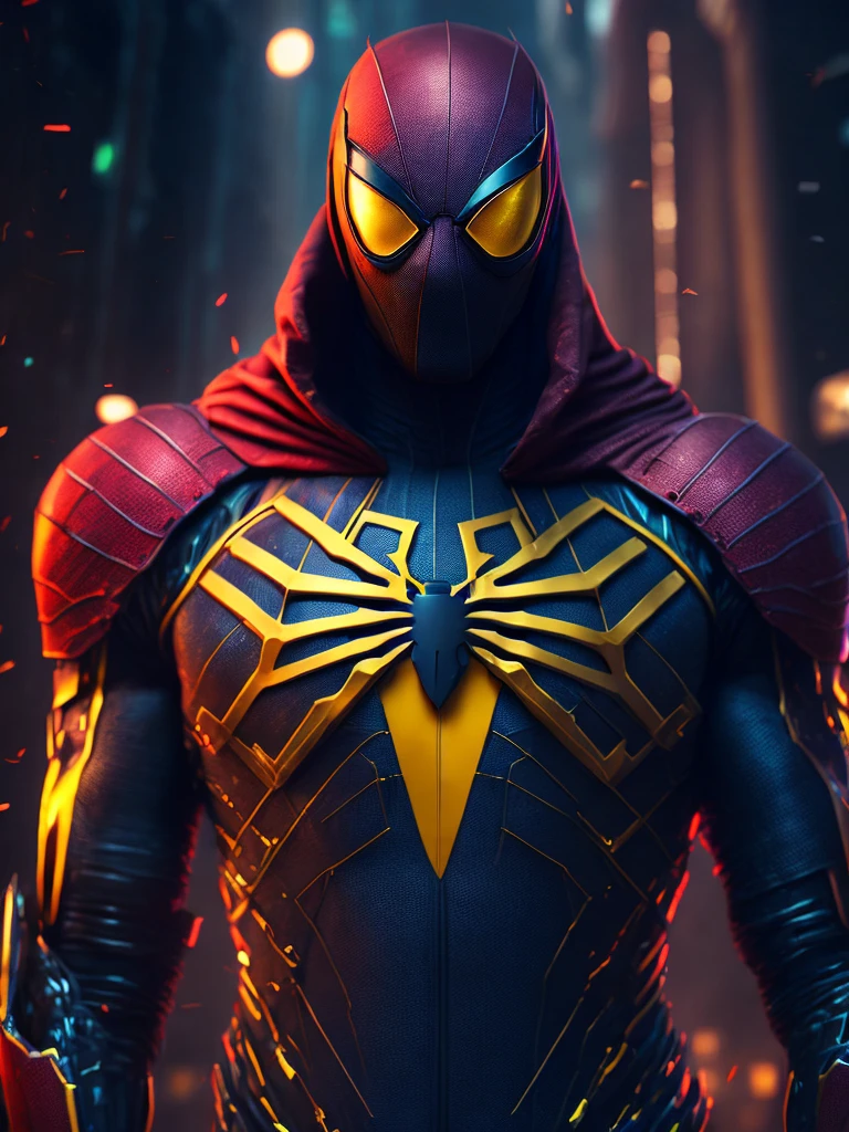 мрачный портрет Killer Spider-Man (The whole suit is covered in blood, Pieces of suit torn yellow clothes) da Marvel, with intricate and angular cybernetic implants inside a brutalist building, Gothic brutalist cathedral, Cyberpunk, Foto premiada, Bokeh, neon lights, Membro 4K Cyber ,