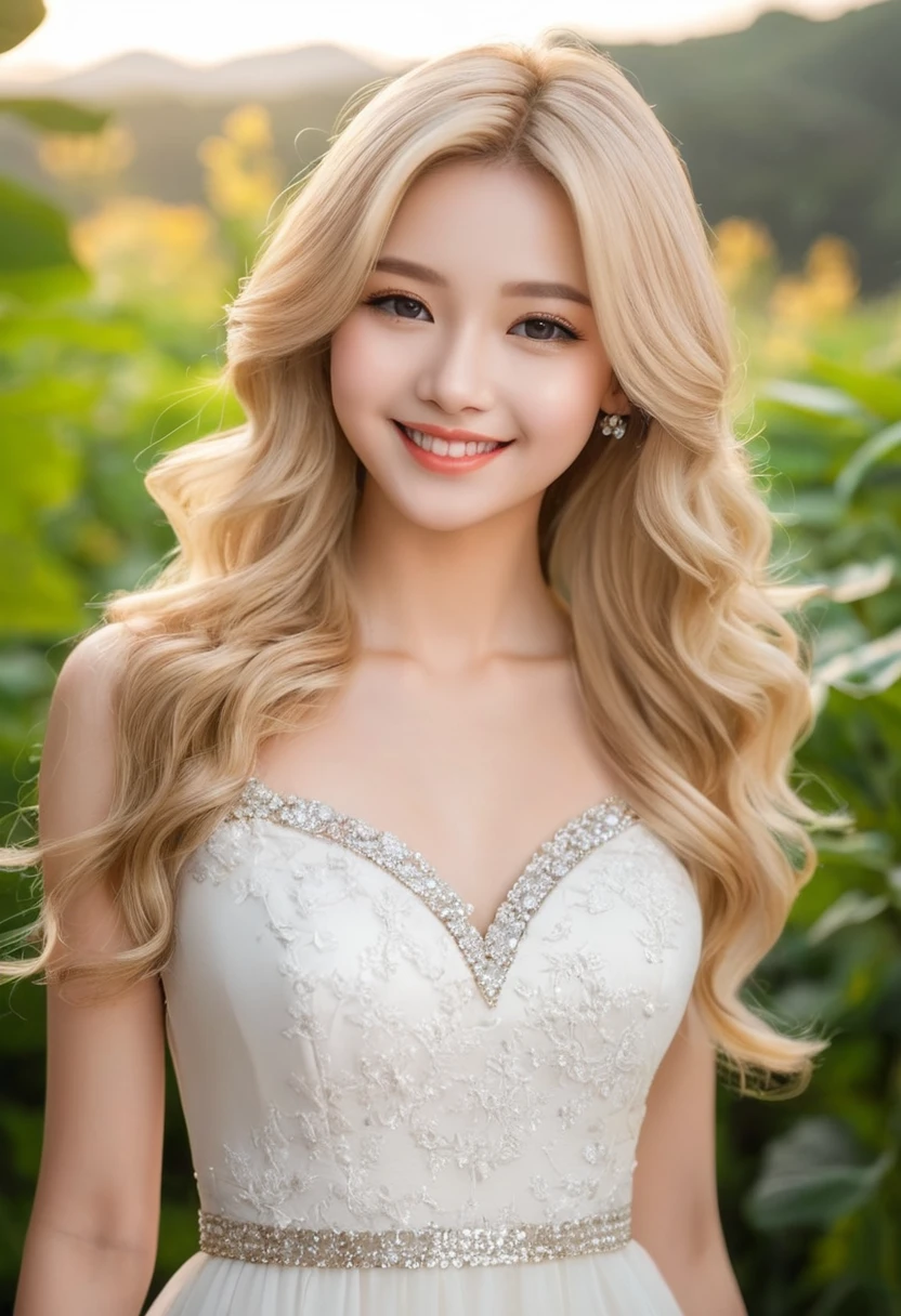 （（Leila、18-year-old））、（（Ukrainian woman））、（（Cute face））、1 person、（Thin contours:1.3）、（Grey Eyes:2.0）、（Realistic bust size 90cm:1.3）、（Narrow waist）、（White and translucent skin）、（Natural light blonde medium long hair:1.3）8-head-tall model style、Long dress、Waist-down angle、smile