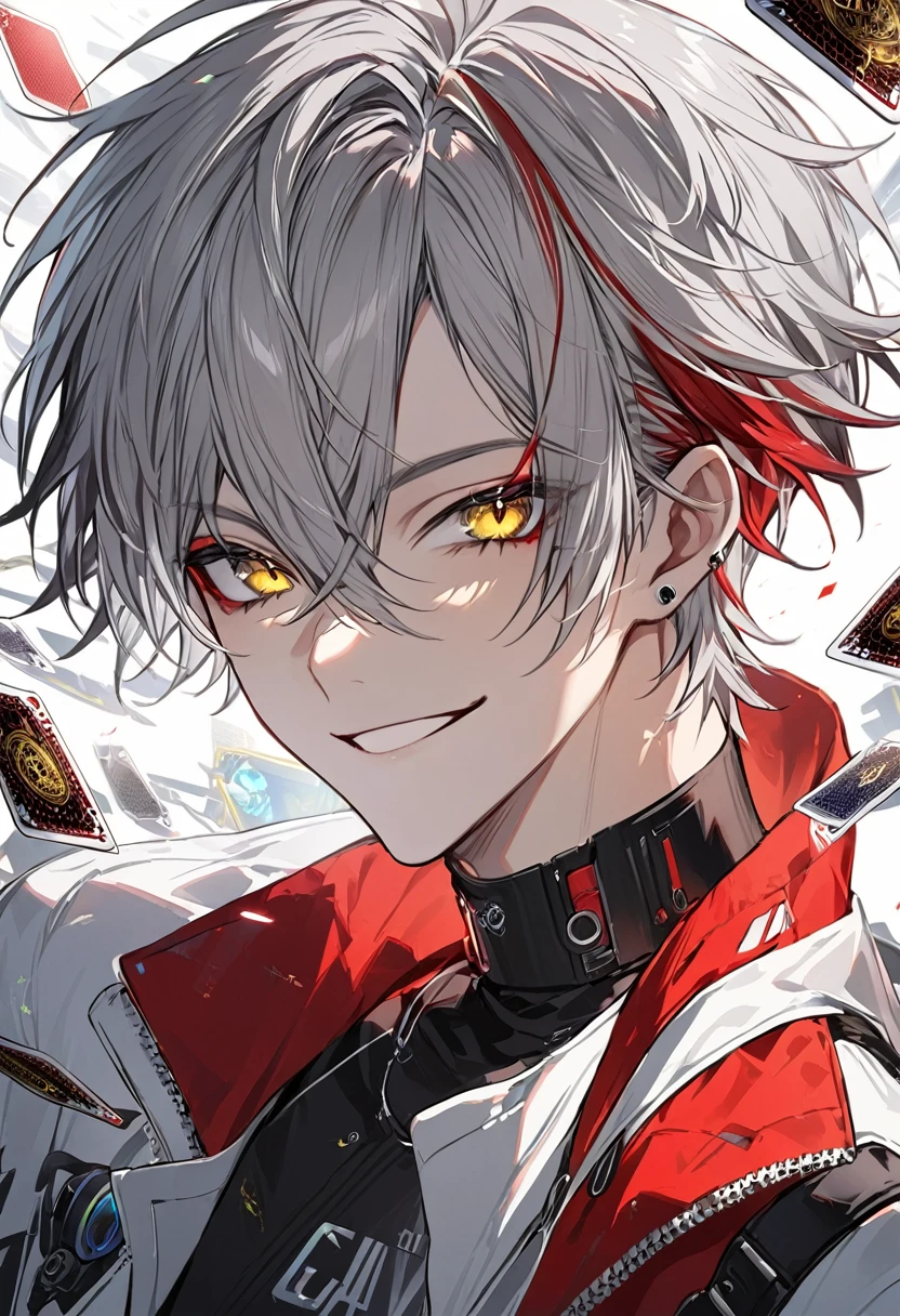 good looking, alone, 1 male, short hair, Gray Hair, Red highlights on hair tips, Yellow Eyes, White and red clothes, Smile Facial, Futuristic, cyber punk, card, You say, gambler