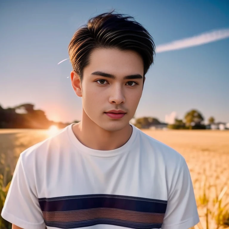 An Araf man stands on the beach with the sunset in the background., portait photo Profile pictureture, Profile picture, Wide facial cleanser, cute young man, headshot Profile pictureture, handsome man, Handsome and charming, Very charming and beautiful, Close-up of a Southeast Asian man with a round face., black eyes, staring at the viewer, morning sun, ((face details)), Double eyelids, realistic, Masterpiece, Highest quality, lens flare, shade, [[Chromatic aberration, digital painting, 8K, 45,000,000,000 pixels,, t-shirt, short hair, black eyes,abdominal muscles, The body is beautiful and strong., Curvy chest, (digital painting, HDR, high contrast