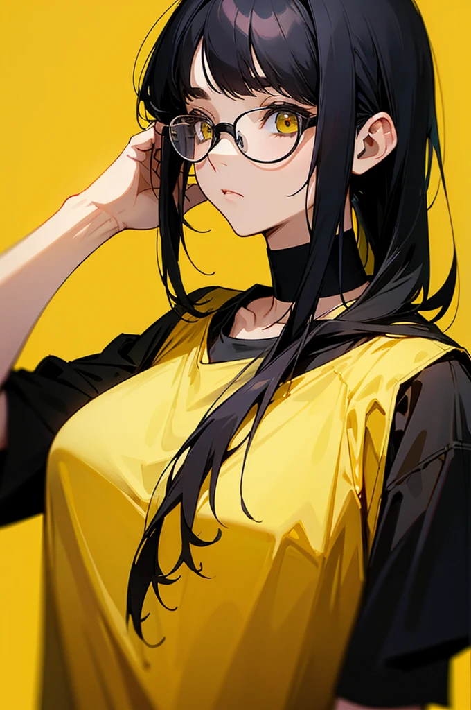 woman、Black-haired、Three-stranded、A calm face、Wear glasses、Black T-shirt、Black choker around the neck、Yellow background