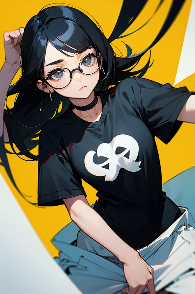 woman、Black-haired、Three-stranded、A calm face、Wear glasses、Black T-shirt、Black choker around the neck、Yellow background