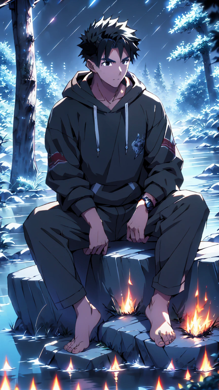 ((Highest quality)), ((masterpiece)), (detailed), Highest quality、High resolution、８K、A plain black hoodie、One adult male、33 years old、Sharp black eyes、Slightly permed black hair、Japanese anime-like style、超High resolutionかわいい萌えアニメ8k、handsome face manly、Slender and muscular、barefoot、sitting on a stone、Spread your legs、night、Forest landscape、lake、darkness、Surrounded by lots of fireflieoonlight