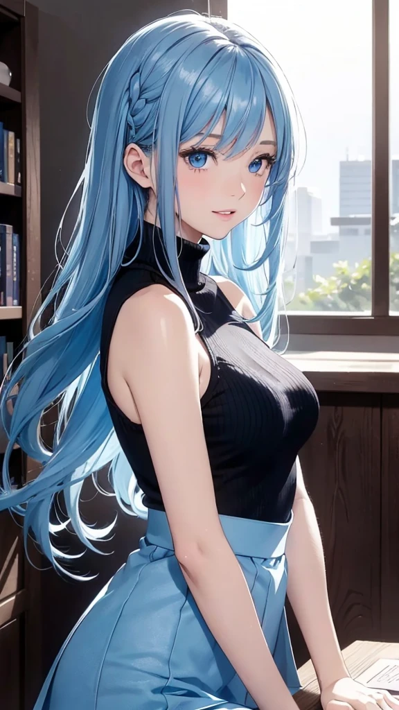 masterpiece、highest quality、High resolution、high quality images、8K, 1 female、skin luster、Texture of skin and clothing、Expression of fine eyes、shiny blue hair,Girl with long blue hair, Manga inspired by Lee Jong-suk, trending on deviantart, Realism, detailed manga style, manga art style, perfect line drawing, beautiful line drawing, digital manga art girl, K-POPアイドル, dress, beautiful blue eyes, plump lips, detailed gorgeous face, (cute smile), charm, innocent, Side view, (perfectly detailed face), (fine hands) photorealistic images, Depth of written boundary, half up hairstyle, (Dark blue turtleneck sleeveless knit)、pencil skirt , corolla , cloud,sky sky,night ,Star, Garden,Rose,The skin is delicate,Blue Roses are blooming in front of the building., rose background, rosette, beautiful flower Garden, pastel roses, blue flower, beautiful and aesthetic, Heavenly Blue, beautiful aesthetics, Pale blue shade, shades of blue, lying on a rose, rose background, pastel overflow, Blue Rose