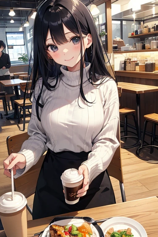 (Cute older sister:1.3)、 smile,winterの雰囲気、winter、lunch、coffee shop、Office Casual、Long black hair、Big Breasts