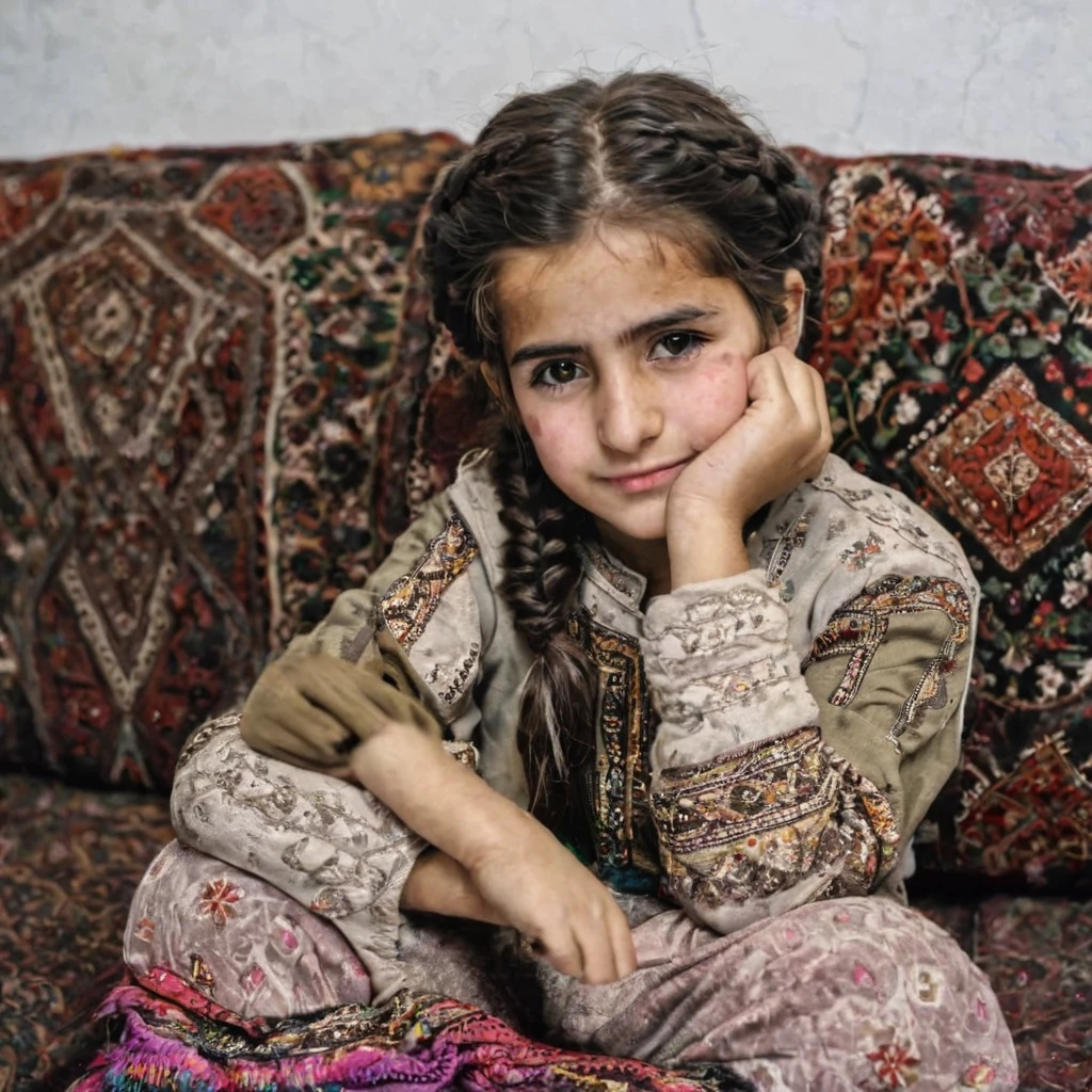 Braided Hair Kurdish girl sitting on sofa