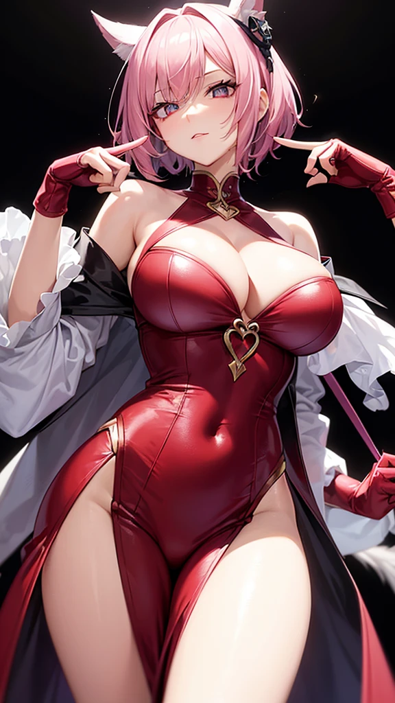 The image shows a central character in an artistic style with several striking details. She has light pink hair, Short and asymmetrical, with a fringe covering the right eye. The character has large, expressive eyes, with a gaze slightly tilted to the left side, suggesting an air of curiosity or secrecy.
She is wearing a red leather outfit, highlighted by a deep V-neckline and white stitching that add contrast to the outfit. The clothes are fitted, emphasizing your athletic figure. The character wears purple gloves, that complement the bold and stylized look.
Your expression is intriguing, with the left hand close to the face and the index finger touching the lips, suggesting she is thinking or keeping a secret. The right hand is raised, with the index finger pointing upwards, perhaps indicating attention or an idea. The character's skin is pale, which contrasts even more with the vibrant hair and flashy clothes.