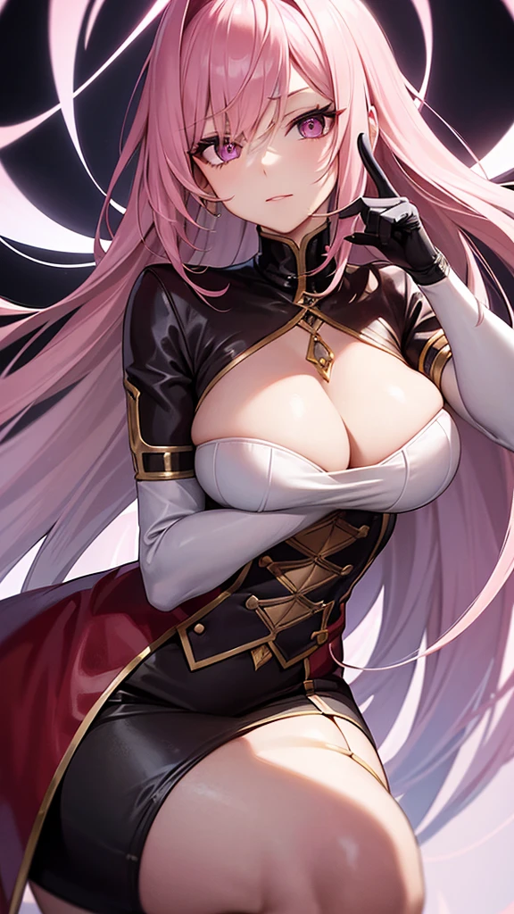The image shows a central character in an artistic style with several striking details. She has light pink hair, Short and asymmetrical, with a fringe covering the right eye. The character has large, expressive eyes, with a gaze slightly tilted to the left side, suggesting an air of curiosity or secrecy.
She is wearing a red leather outfit, highlighted by a deep V-neckline and white stitching that add contrast to the outfit. The clothes are fitted, emphasizing your athletic figure. The character wears purple gloves, that complement the bold and stylized look.
Your expression is intriguing, with the left hand close to the face and the index finger touching the lips, suggesting she is thinking or keeping a secret. The right hand is raised, with the index finger pointing upwards, perhaps indicating attention or an idea. The character's skin is pale, which contrasts even more with the vibrant hair and flashy clothes.