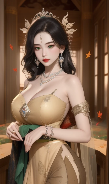 (,1 Girl, Throw,best quality,masterpiece,  ) , (())  Ultra-realistic 8k CG, Flawless, Clean, masterpiece, Professional artwork, Famous Artworks, Movie Lighting, Bloom, Perfect face, Pretty Face, fantasy, Like a dream, illusory, Science fiction, luxurious, Jewelry, diamond, Kaneko, pearl, gem, 蓝gem, 红gem, emerald, Intricate details, Exquisite pattern, charming, Tempting, Tempting, , enchanting, Hair accessories, necklace, earrings, bracelet, armband,Halo,Autumn leaves,,(((Full and soft breasts,)))(((Huge breasts))) (((Cleavage))) (Perfect curvy figure),