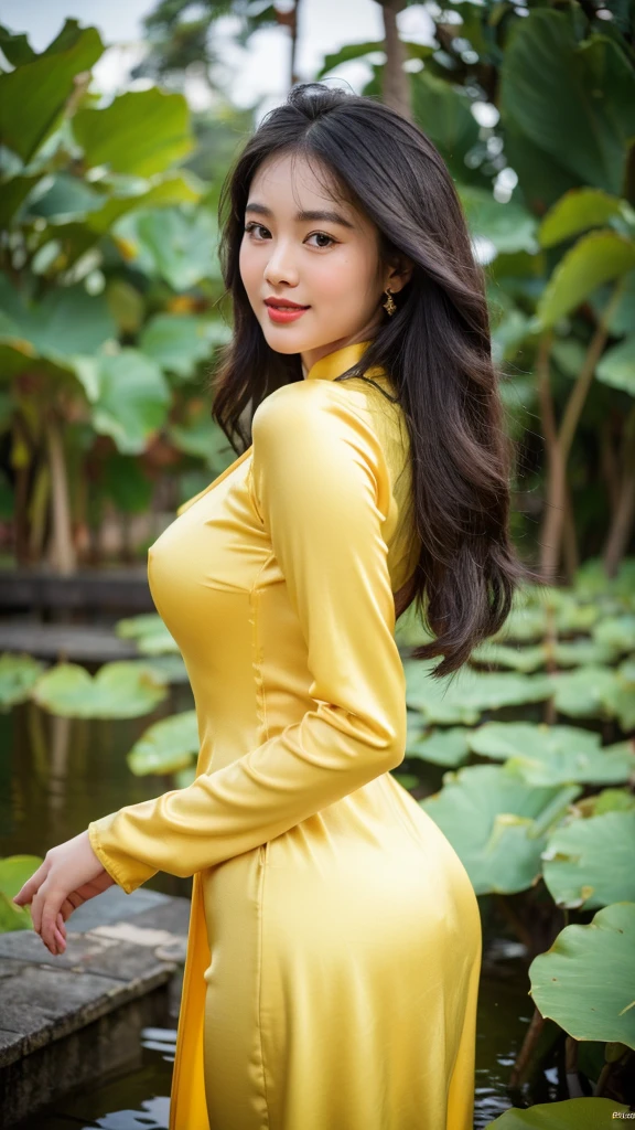 detailed body, attractive body, perfect human body, realistic face,
(ultimate quality, masterpiece, highres:1.0), realistic:1.6, photorealistic,
[8k UHD photos, UHD high quality photos, Super detailed and super clear images],
Close-up of 2 Vietnamese girl with a beautiful face and balanced body, leggy, round face, big round eyes, Charming smile, Red lips, long curly eyelashes, big dimples, pointed chin, plump face, Her face resembles Tuyet Linh, Tall and plump figure, wear panty inside, wear necklaces and earrings,
wearing a bright and yellow shiny satin silk ao dai, Two girls walking beside lotus pond, pose sexy,
Satin silk ao dai,view from side,