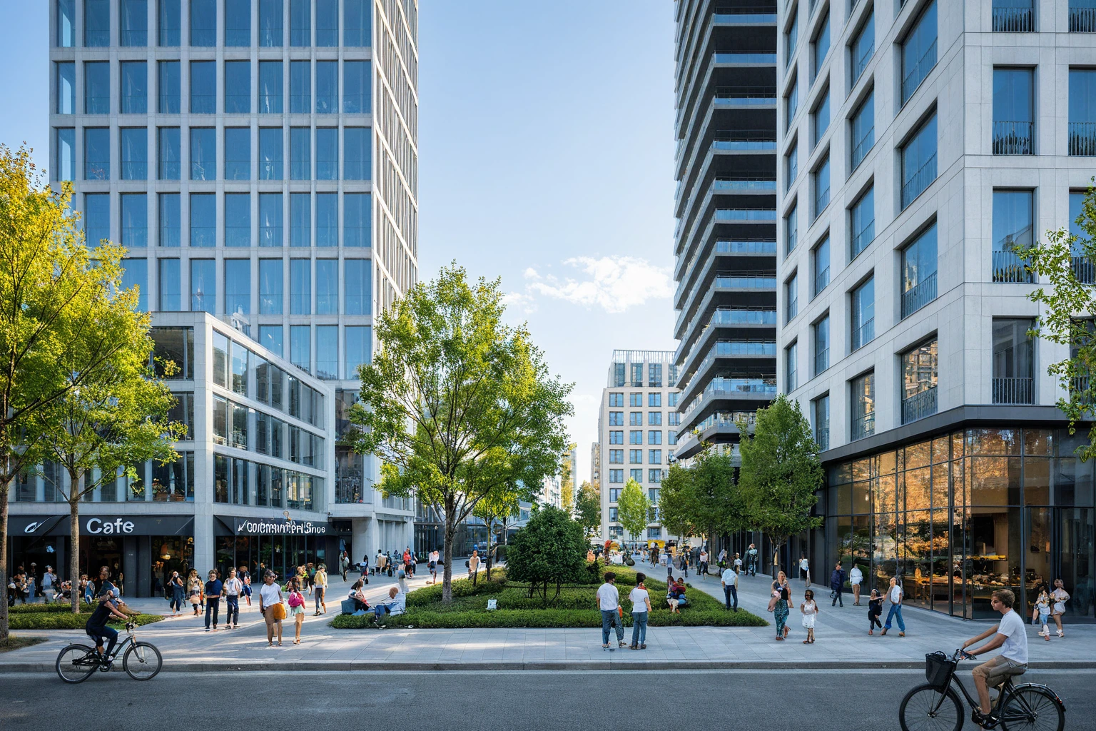 modern hotel in the style of Peter Zumthor, with full white glazing and grid detailing on an urban street corner, overlooking city streets. Architectural photography of an architectural masterpiece with a full building view, vivid color, natural lighting, 