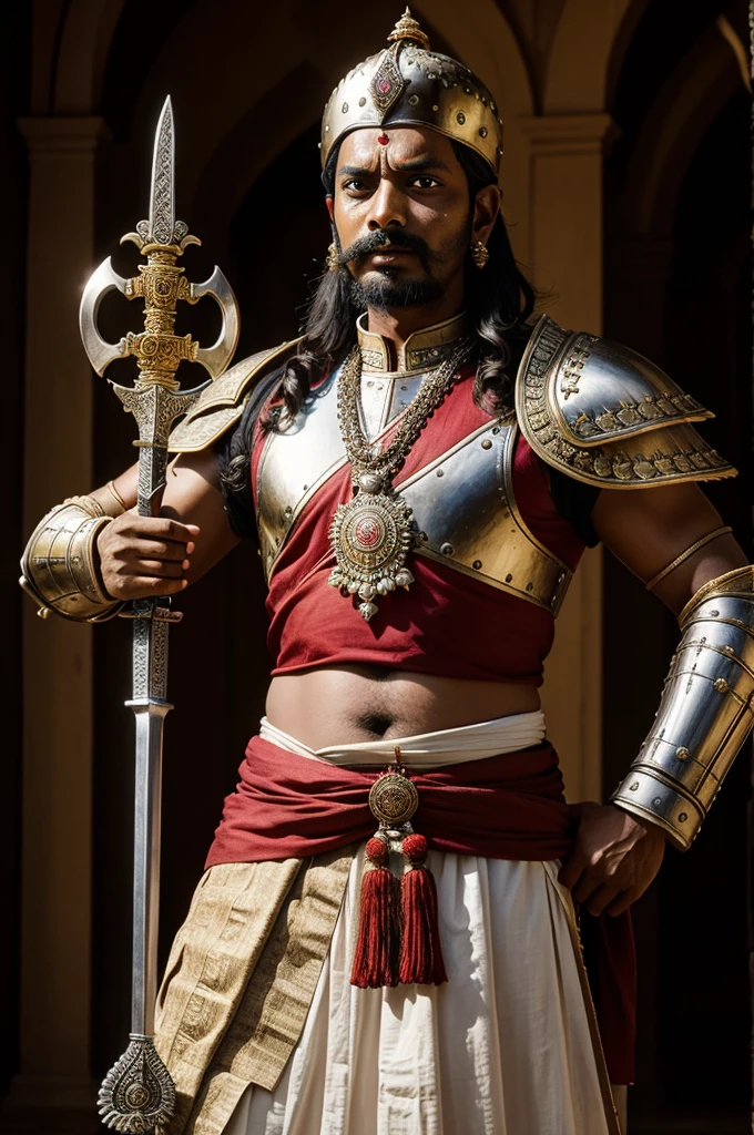 Shambhaji Maharaj in shining armor, holding a sword and shield, with a fierce expression