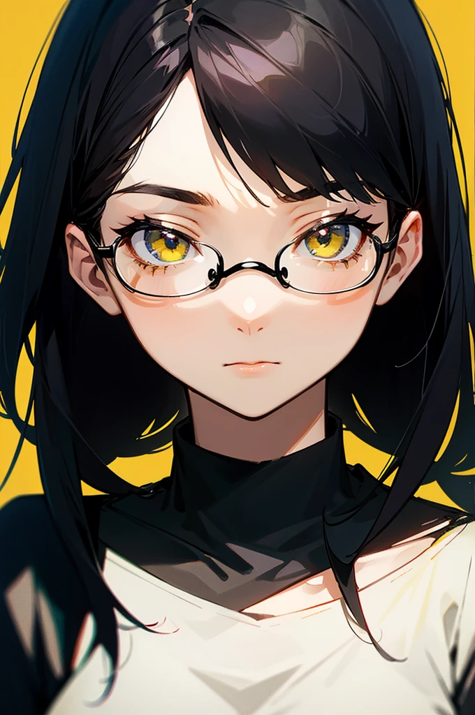 woman、Black-haired、Three-stranded、A calm face、Wear glasses、Black T-shirt、Black choker around the neck、Yellow background