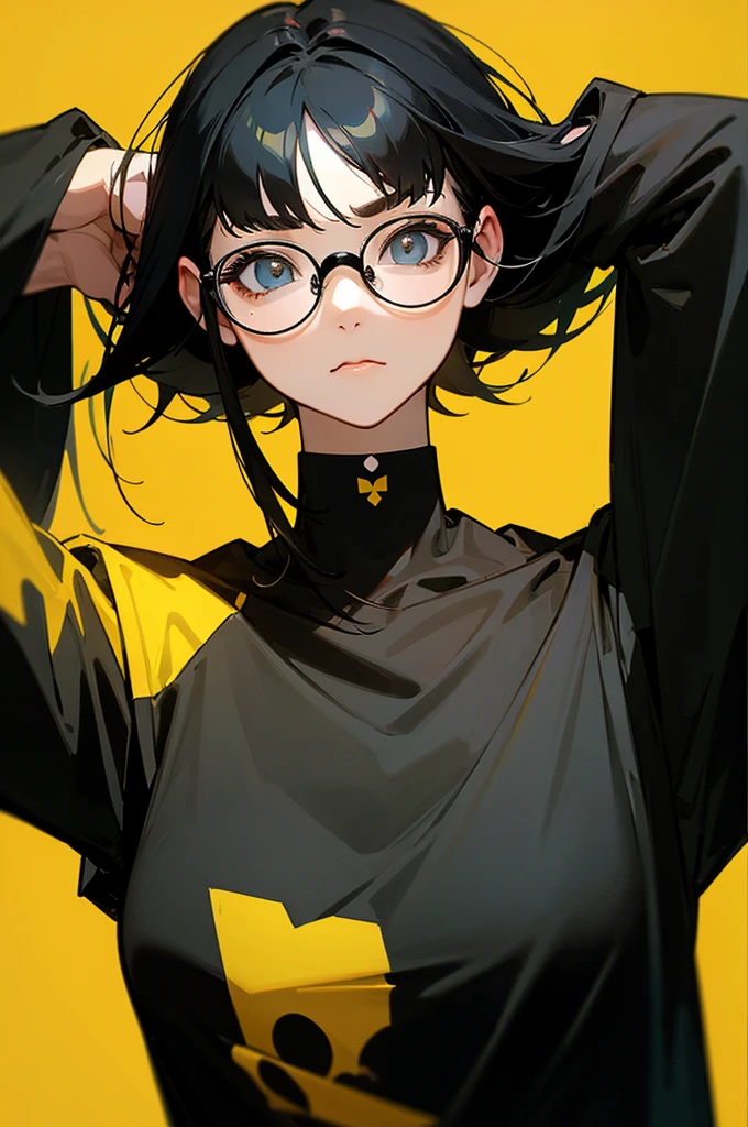 woman、Black-haired、Three-stranded、A calm face、Wear glasses、Black T-shirt、Black choker around the neck、Yellow background
