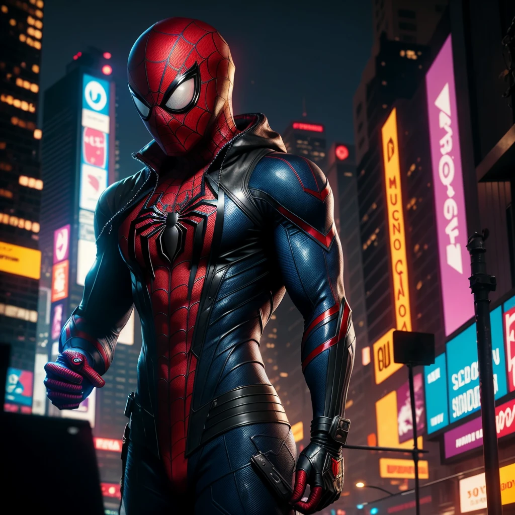 Spider - Man in a leather suit standing in a town at night, Estilo futurista Homem-Aranha, hero pose colorful city lighting, Armadura Samurai Completa Homem-Aranha, 8k render", Miles Morales, Retrato do Homem-Aranha, Miles Morales!!!, spider - estilo de arte verso, Trending in ArtStation 4K, estilo da maravilha, 8 k arte conceitual de alto detalhe, hq 4k papel de parede