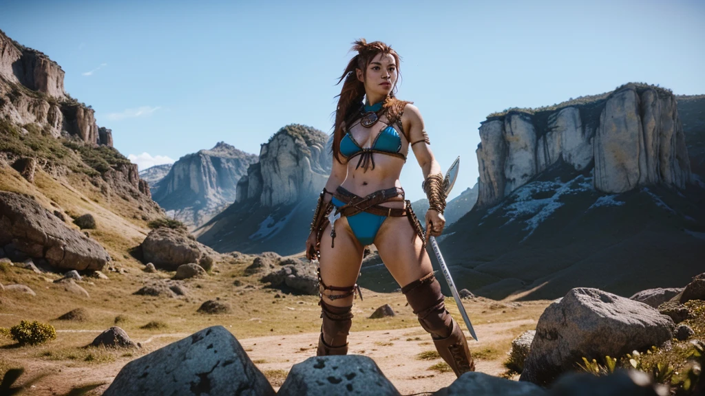 puffy woman in bikini and sword standing in a rocky area, barbarian warrior woman, very beautiful barbarian woman, barbarian woman, warrior woman, warrior woman, Warrior Girl, warrior outfit, beautiful warrior woman, Aloy, retrato de uma barbarian woman, warrior princess, retrato de uma barbarian woman, fantasy style 8k octane rendering, Aloy from horizon: zero dawn