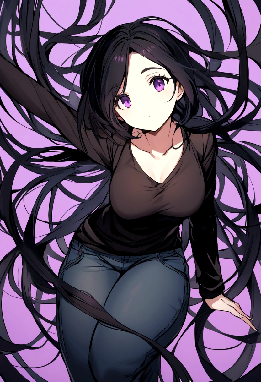 She is depicted as a curvaceous young girl, with tangled black hair. She wore a loose, long-sleeved shirt with a long shirt down to her knees and short pant jeans. Purple eyes.