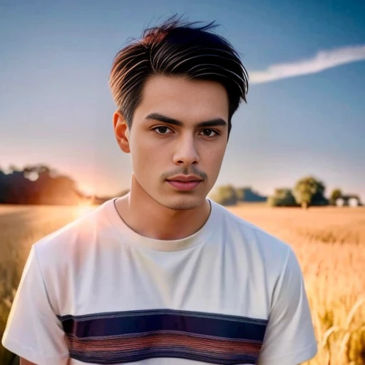 An Araf man stands on the beach with the sunset in the background., portait photo Profile pictureture, Profile picture, Wide facial cleanser,  cute young man, headshot Profile pictureture, handsome man, Handsome and charming, Very charming and beautiful, Close-up of a Southeast Asian man with a round face., black eyes, staring at the viewer, morning sun, ((face details)), Double eyelids, realistic, Masterpiece, Highest quality, lens flare, shade, [[Chromatic aberration, digital painting, 8K, 45,000,000,000 pixels,, t-shirt, short hair, black eyes,abdominal muscles, The body is beautiful and strong., Curvy chest, (digital painting, HDR, high contrast