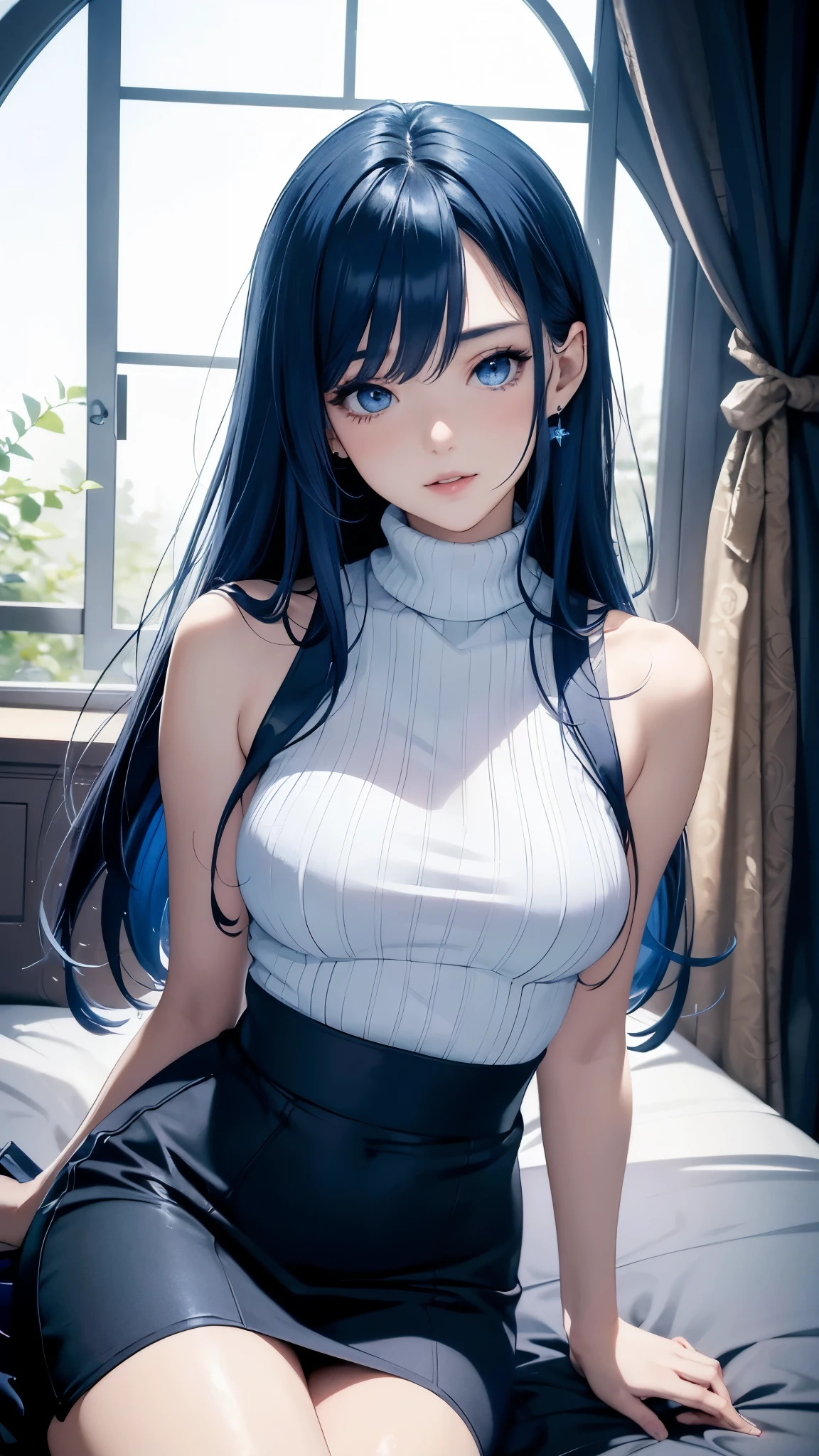 masterpiece、highest quality、High resolution、high quality images、8K, 1 female、skin luster、Texture of skin and clothing、Expression of fine eyes、shiny blue hair,Girl with long blue hair, Manga inspired by Lee Jong-suk, trending on deviantart, Realism, detailed manga style, manga art style, perfect line drawing, beautiful line drawing, digital manga art girl, K-POPアイドル, dress, beautiful blue eyes, plump lips, detailed gorgeous face, (cute smile), charm, innocent, Side view, (perfectly detailed face), (fine hands) photorealistic images, Depth of written boundary, half up hairstyle, (Dark blue turtleneck sleeveless knit)、pencil skirt , corolla , cloud,sky sky,night ,Star, Garden,Rose,The skin is delicate,Blue Roses are blooming in front of the building., rose background, rosette, beautiful flower Garden, pastel roses, blue flower, beautiful and aesthetic, Heavenly Blue, beautiful aesthetics, Pale blue shade, shades of blue, lying on a rose, rose background, pastel overflow, Blue Rose