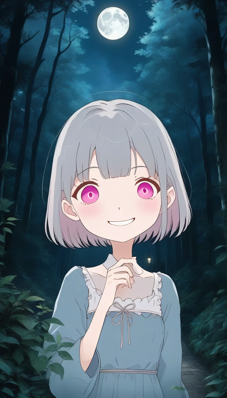 score_9, score_8_up, score_7_up, score_6_up, score_5_up, score_4_up, source_anime, beautiful and cute woman, innkeeper, entertaining travelers, long face, silvery bob cut, blunt bangs, droopy eyes, smirk, pink cheeks, in a dim forest, faint moonlight, inn entrance with stained glass, simple and simple, slightly scary picture book illustration style