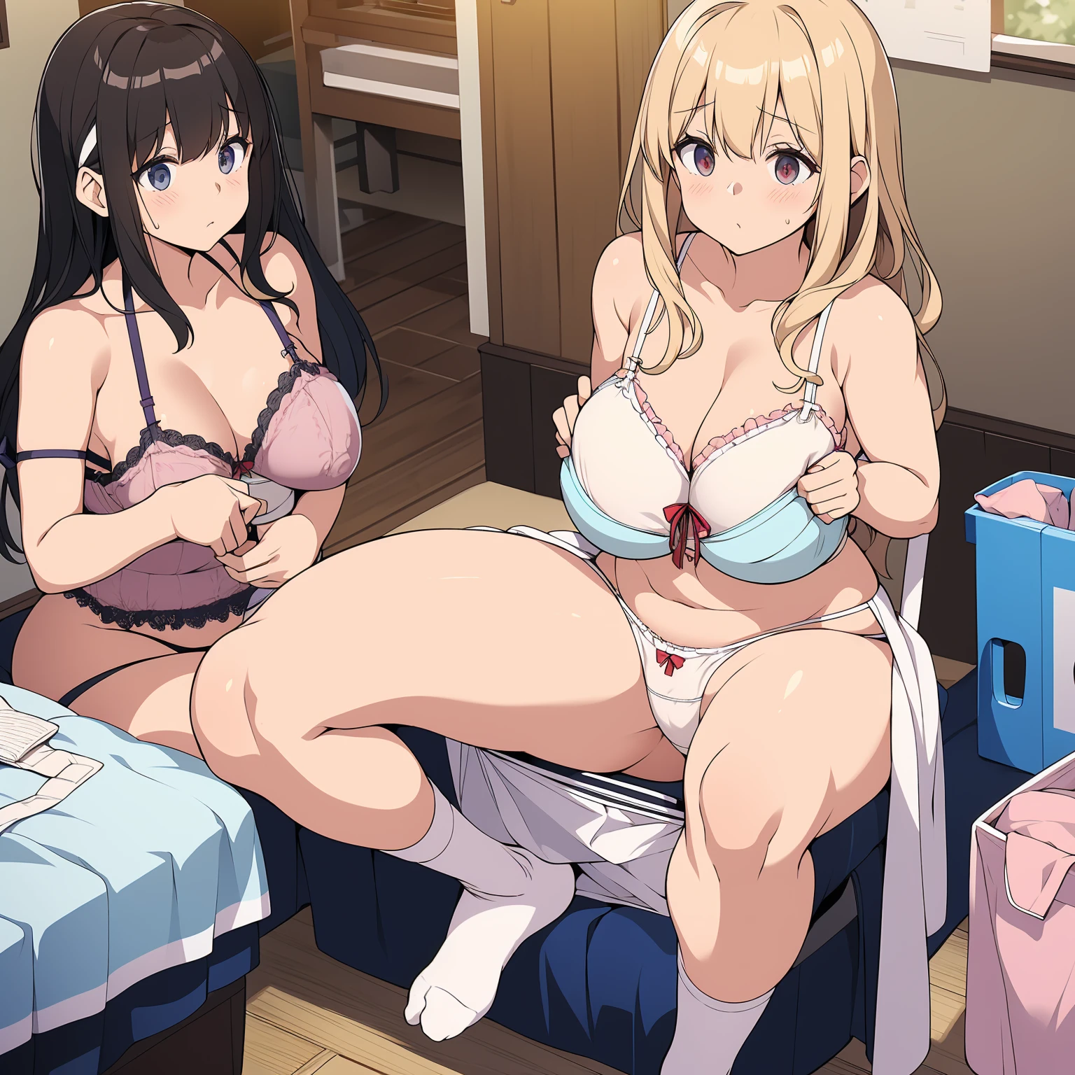 High resolution、4K quality、Highest quality、younger sister、ta、Sit on a chair、Take off your socks、pantiesが床に落ちている、Surprised expression、白のコットンpanties、panties、used underwear、stain on crotch、Discarded underwear、panties単体、Laundry basket、strip、Underwear is scattered、Underwear is scattered、床一面たくさんのpanties、A messy room full of underwear、Undressing scene、Bras scattered around