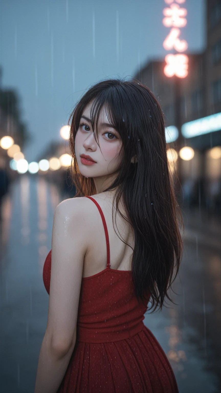 realistic,score_9, score_8_up, score_7_up, BREAK,
1girl,solo,long hair,Rough skin,from back,face focus,(looking at viewer:1.2),wet hair,dark,polaroid,(depth_of_field:1.5),rainy days,outdoors,street,hair between eyes,moody lighting,Tyndall effect,Cinematic Lighting,night,lamppost,lens flare,available light,rim light,glowing neon lights,curvy,Red silk dress,korea girl,