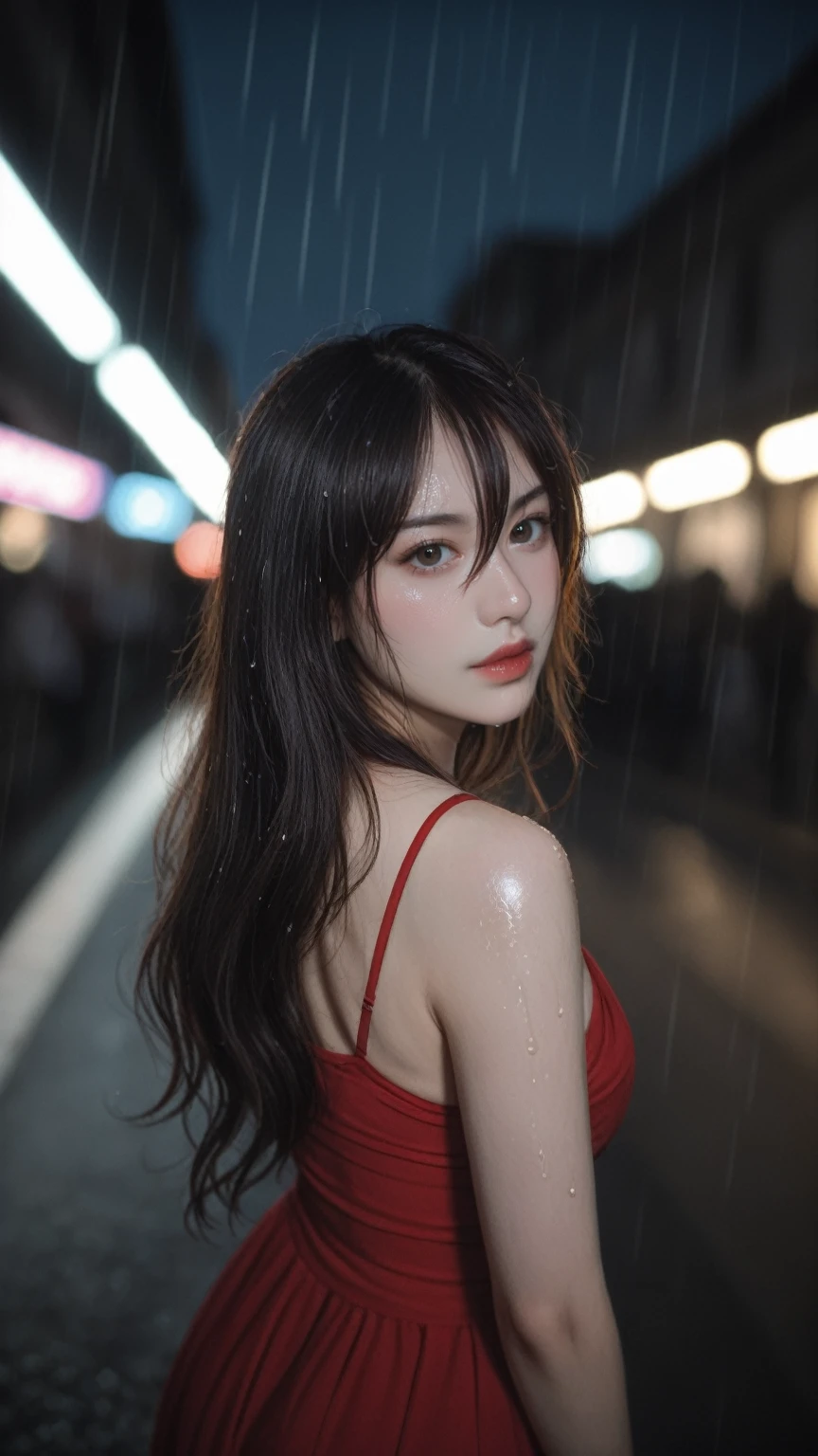 realistic,score_9, score_8_up, score_7_up, BREAK,
 1girl,solo,long hair,Rough skin,from back,face focus,(looking at viewer:1.2),wet hair,dark,polaroid,(depth_of_field:1.5),rainy days,outdoors,street,hair between eyes,moody lighting,Tyndall effect,Cinematic Lighting,night,lamppost,lens flare,available light,rim light,glowing neon lights,curvy,Red silk dress,korea girl,
